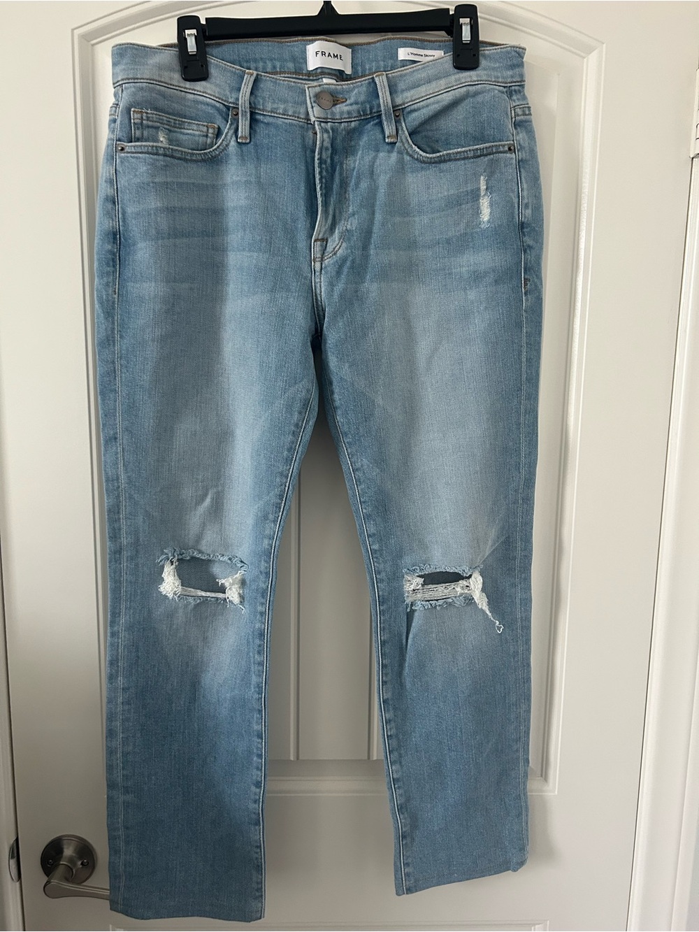 FRAME L’Homme Skinny Jeans 33 Light Wash Rips Distressed Stretch Denim